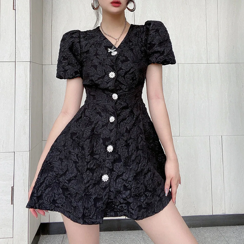 

Women's 2021 Summer Fashion Retro Puff Sleeve V-neck Solid Color Temperament Jacquard Women's Dress Single-breasted High Waist