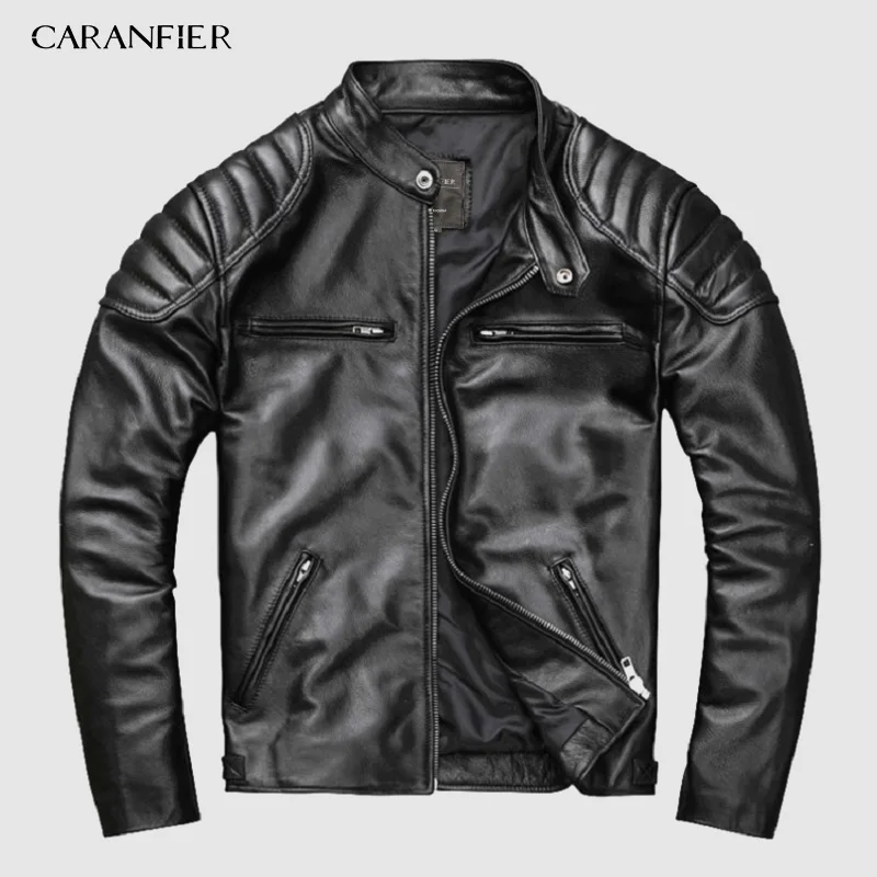 Cow Leather CARANFIER/, винтажная куртка из натуральной кожи, мужские куртки из телячьей кожи, черная мото одежда, мужская байкерская куртка, кожаное тонкое пальто для мальчиков - Цвет: Cow Leather