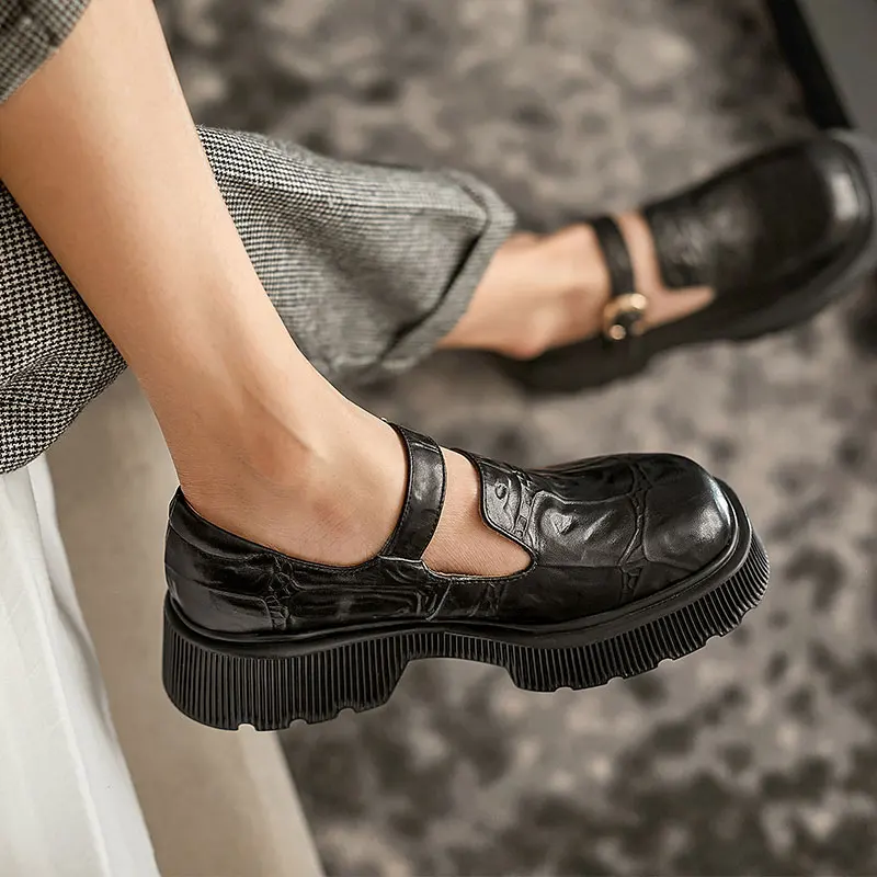 

Round Toe Shoes For Women Platform Genuine Leather Japanese Style Shoes Woman 2021 Spring Working Chunky Heels Pumps