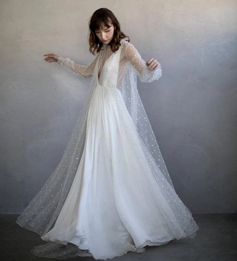 

1442#Janpan Elegant Simple Two Pieces Long Sleeve Pearl Tulle Sweep Train Bride Gown Wedding Dress Bride Dress Vestidos De Novia
