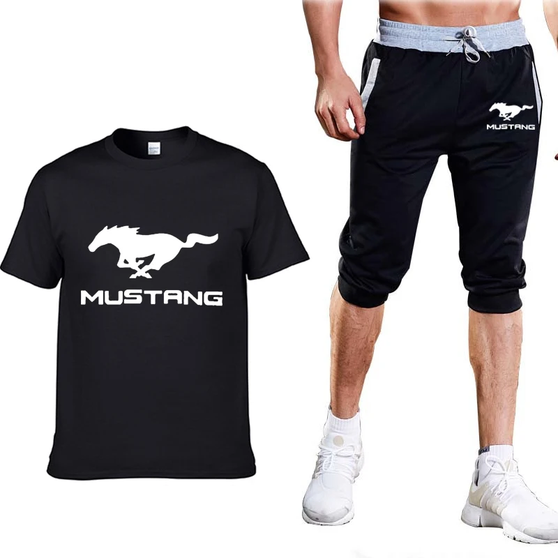 Summer Mens Suit Mustang Car Logo Men's T-Shirt Solid color Casual Fashion Short Sleeve Crew neck Mens T-Shirt Pants Suit 2Pcs M