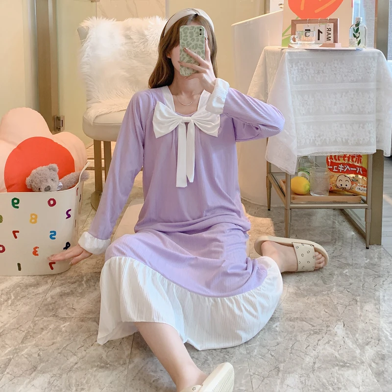 

Ночная рубашка с длинным рукавом и бантом для женщин, осенне-зимние хлопковые ночные рубашки и ночные рубашки, женская одежда для сна, стиль...