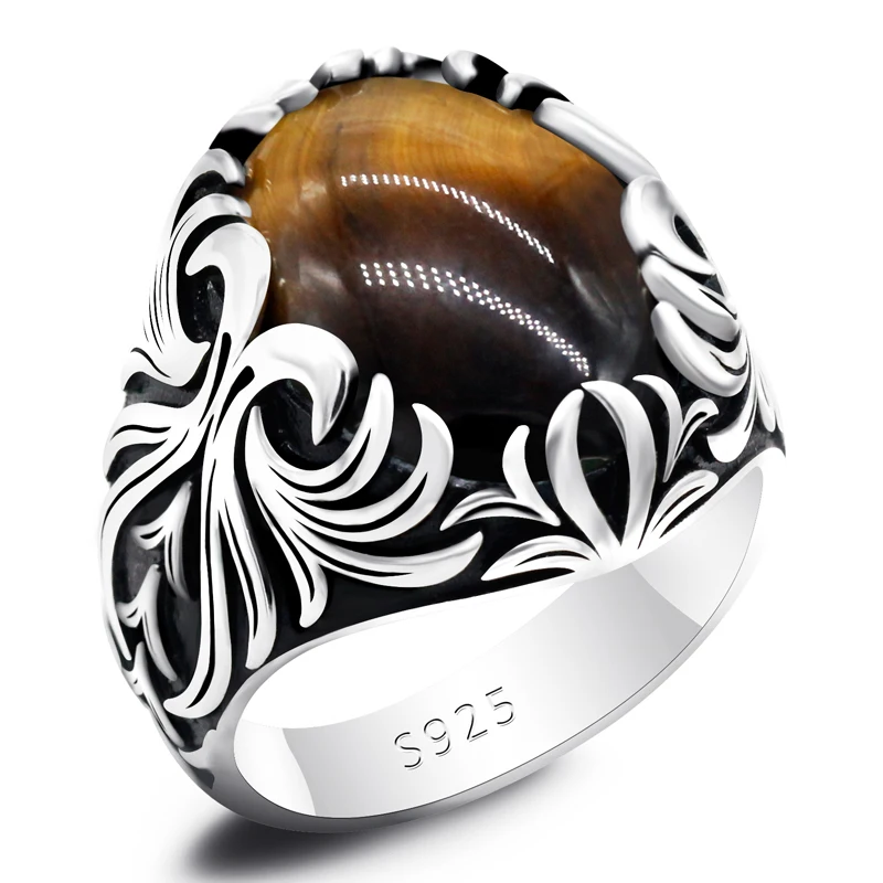 

Tiger Eyes Ring for Men 925 Sterling Silver Big Natural Stone Male Punk Mask Rings Vintage Antique Turkish Handmade Jewelry Gift