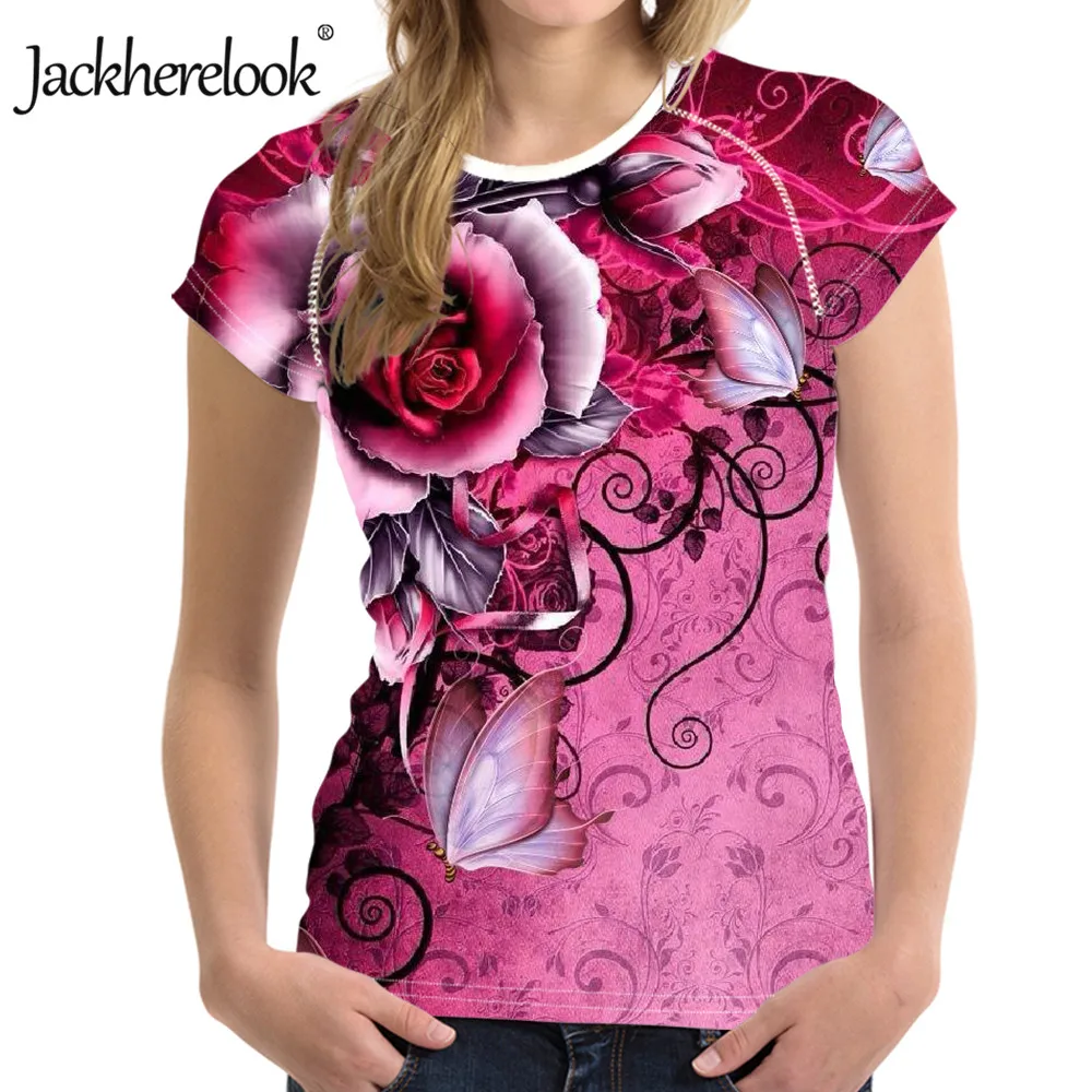 

Jackherelook Pink Floral Blue Flower Print Woman T Shirts Harajuku Clothing Summer Short Sleeved Ladies Graphic Female Tee Shirt