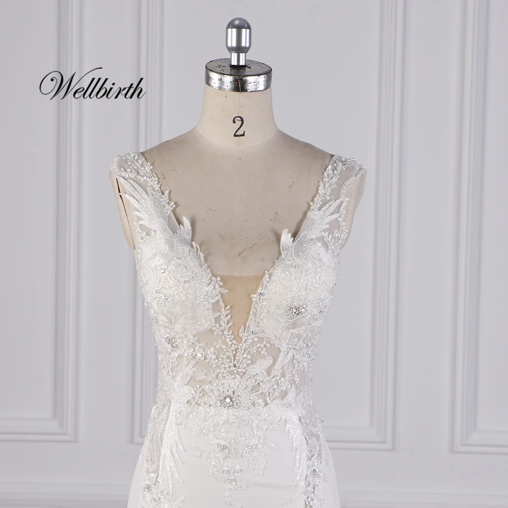 100% реальное изображение Wellbirth Vestido de novia v образный вырез zippber сзади Русалка