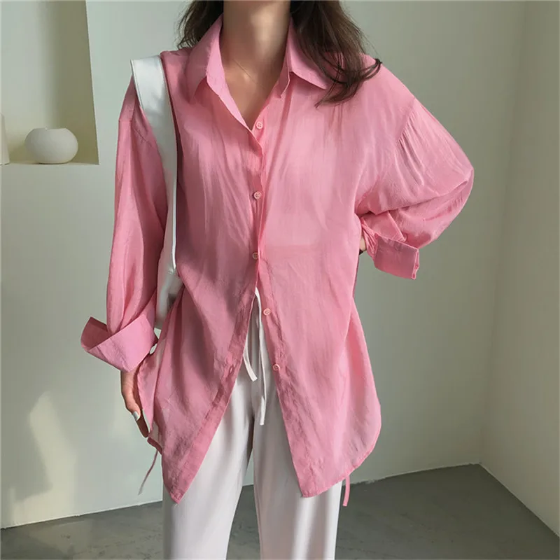 

2021 New Summer Female Shirt Women Sunscreen Office Lady Blouse Solid Turn-down Collar Casual Loose Full Sleeve Elegant Tops