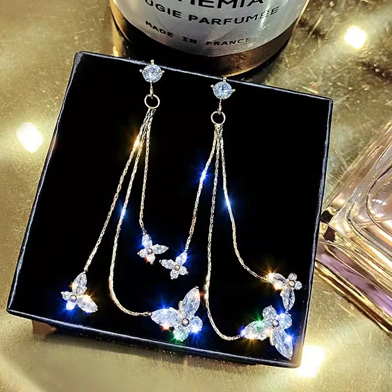 

Silver needle fashion super flash butterfly zircon earrings female new temperament South Korea long earrings free shipping