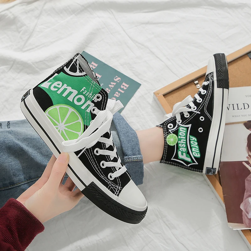 

Lemon Fruit Print Canvas Vulcanized Sneakers Women Flat Summer High Top Canvas Shoes Women Casual Sneakers zapatillas lona mujer