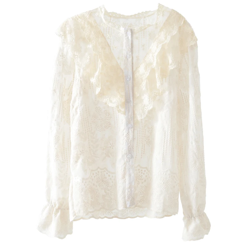 

2021 Summer New Ruffles Women Shirts Lace Patchwork Solid O-Neck Flare Sleeved Loose Elegant Office Lady Outwear Tops