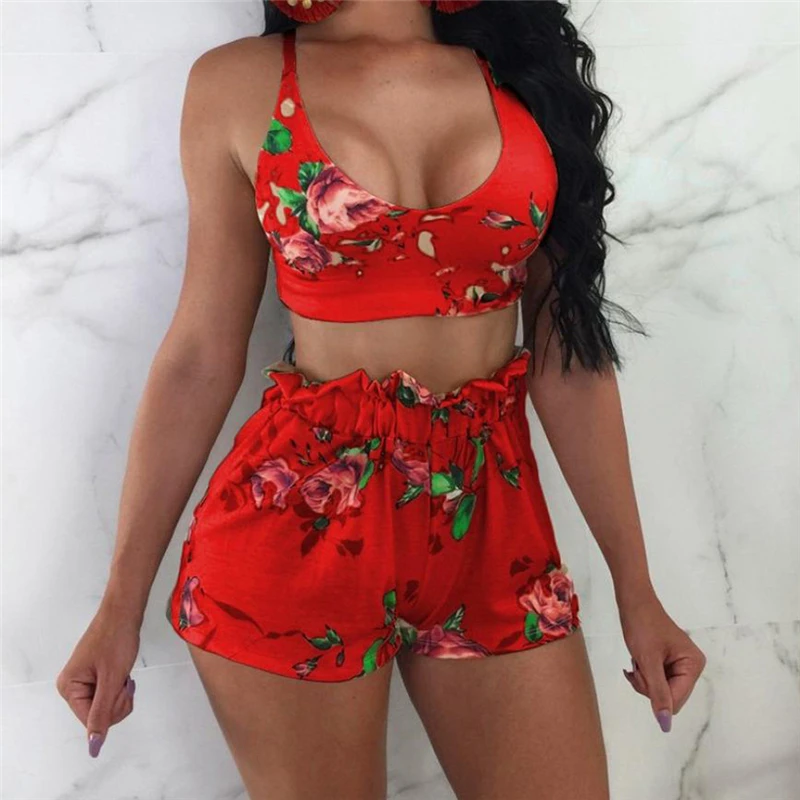 

Two Piece Set Women Strap Sleeveless Crop Top High Waist Floral Print Shorts 2 Piece Set Sexy Slim Outfits Beach Wear Summer