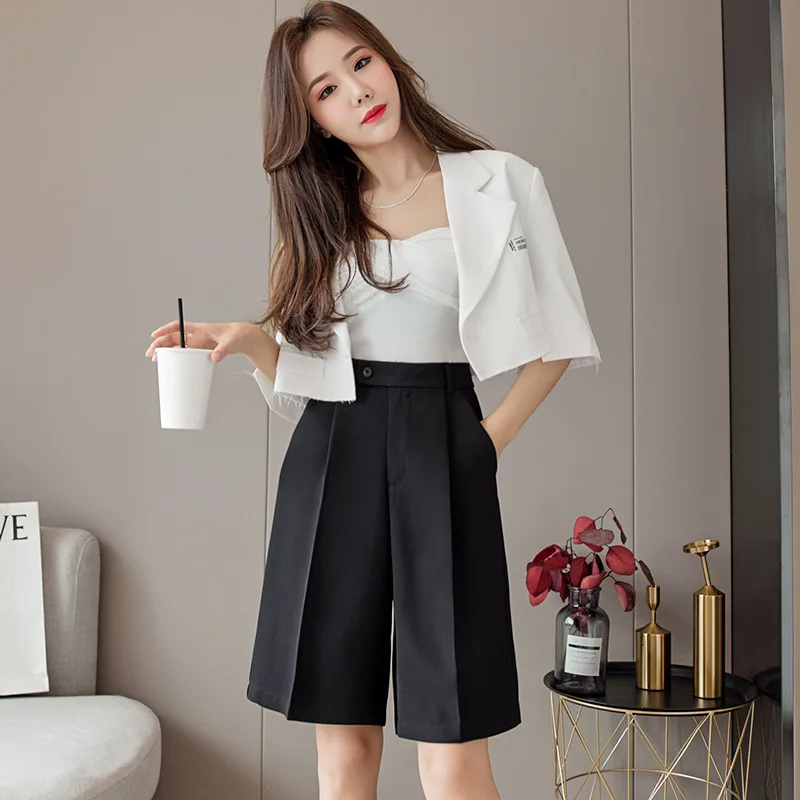 

2021 Summer Straight Leg Short Pants Women High Waist Stitching Shorts Fashion Vintage Five-point Wide-leg Casual Trousers Trend