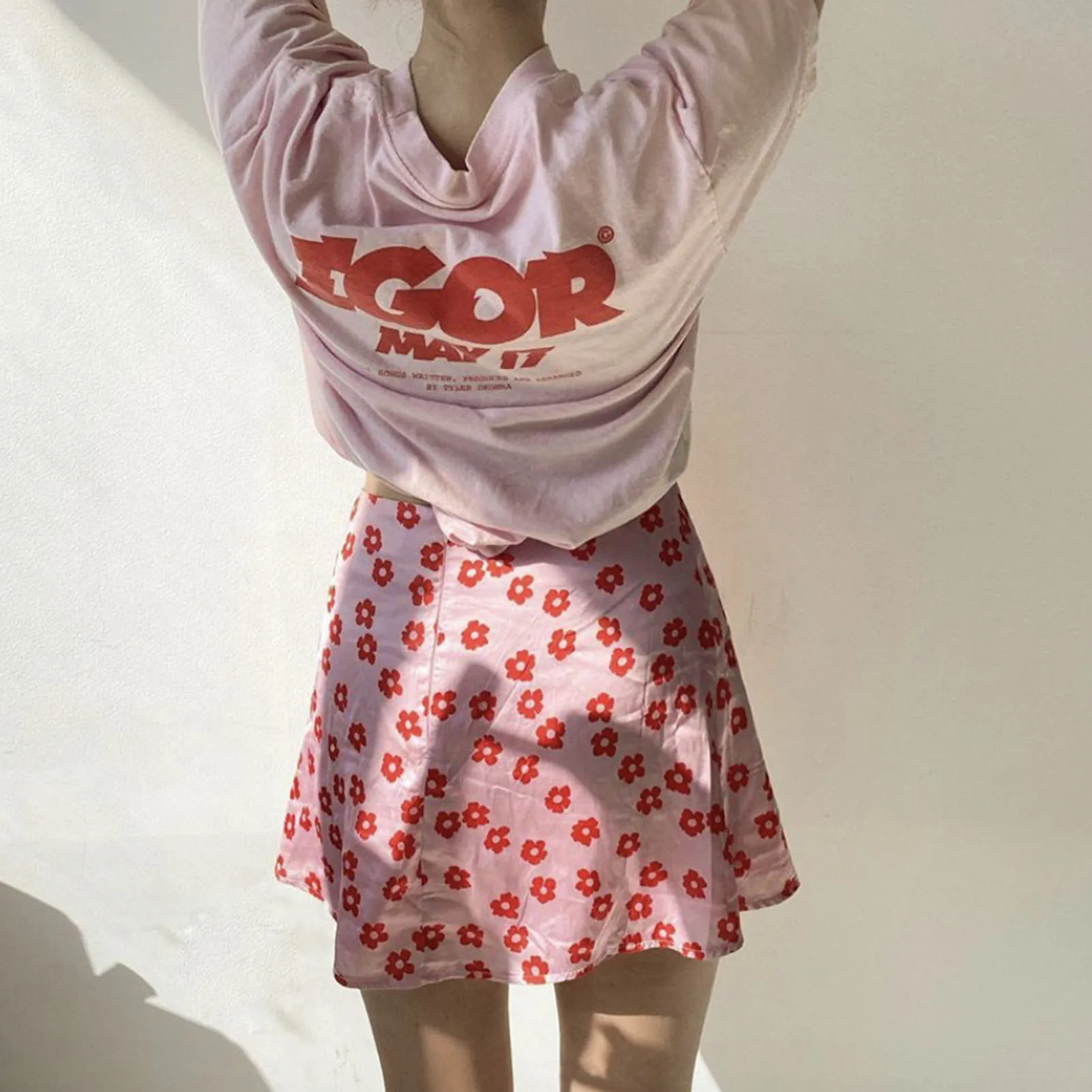 Женские юбки с высокой талией Цветочный принт атласной ткани модное мини-юбка