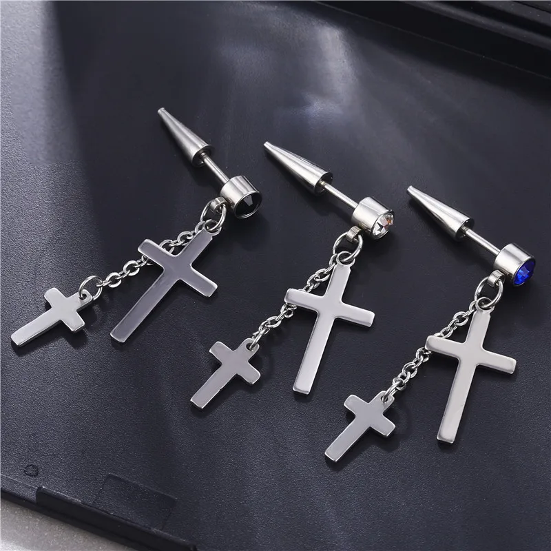 

1 Piece Fashion Cross Feather Zircon Stud Earrings For Women Men Tassel Chain Stainless Steel Pendant Hip Hop Punk Ear Jewelry