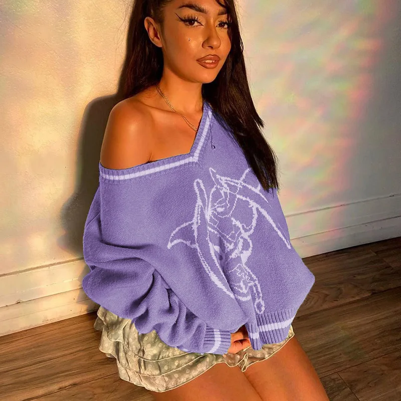 

Chic Print Streetwear Oversized Sweater Women's Casual Autumn Winter Knitted Jumper Fashion Loose Knitwear Pullovers