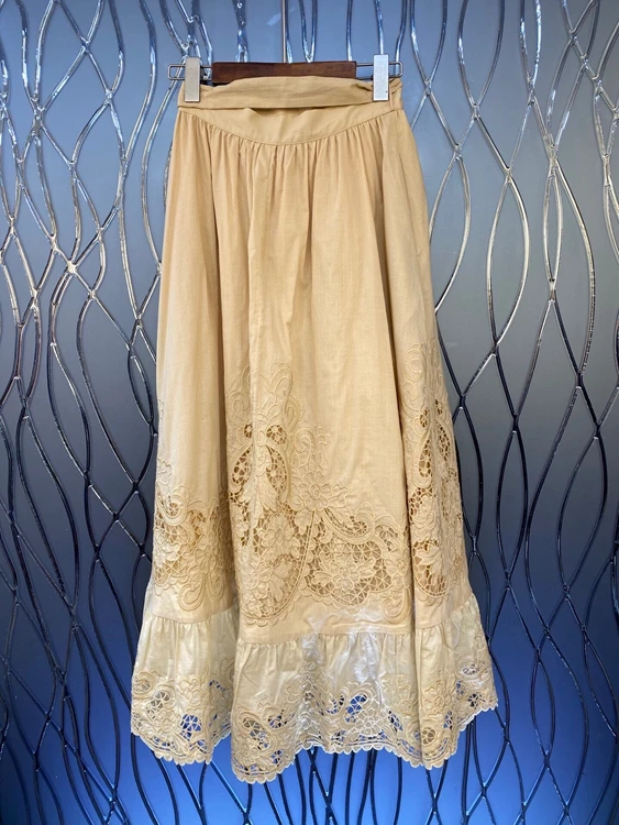 

2020 autumn and winter new women's water soluble embroidery jacquard waist side knotted mid-length skirt 1223