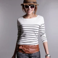 2020 womens spring and autumn sweater black and white stripe knitted sweater round neck pullover korean slim thin long sleeve