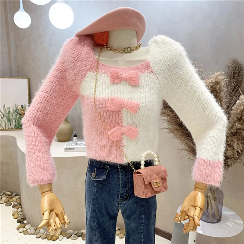 

Новинка, женская одежда, сезон осень-зима 2021, короткий свитер с длинным рукавом и контрастным бантом, вязаная рубашка, Топ