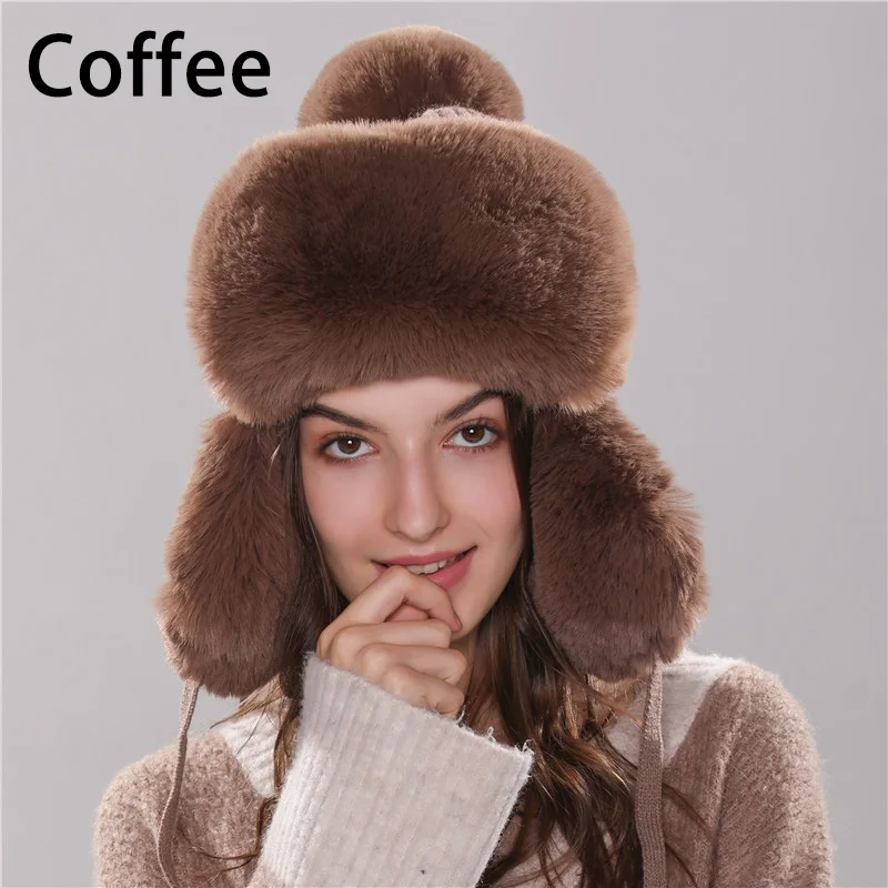 Coffee Зимние женские шапки-бомберы, мужские вязаные теплые утолщенные ушные накладки, зимние шапки для женщин, шапка с наушниками из искусственного меха кролика, новинка - Цвет: Coffee