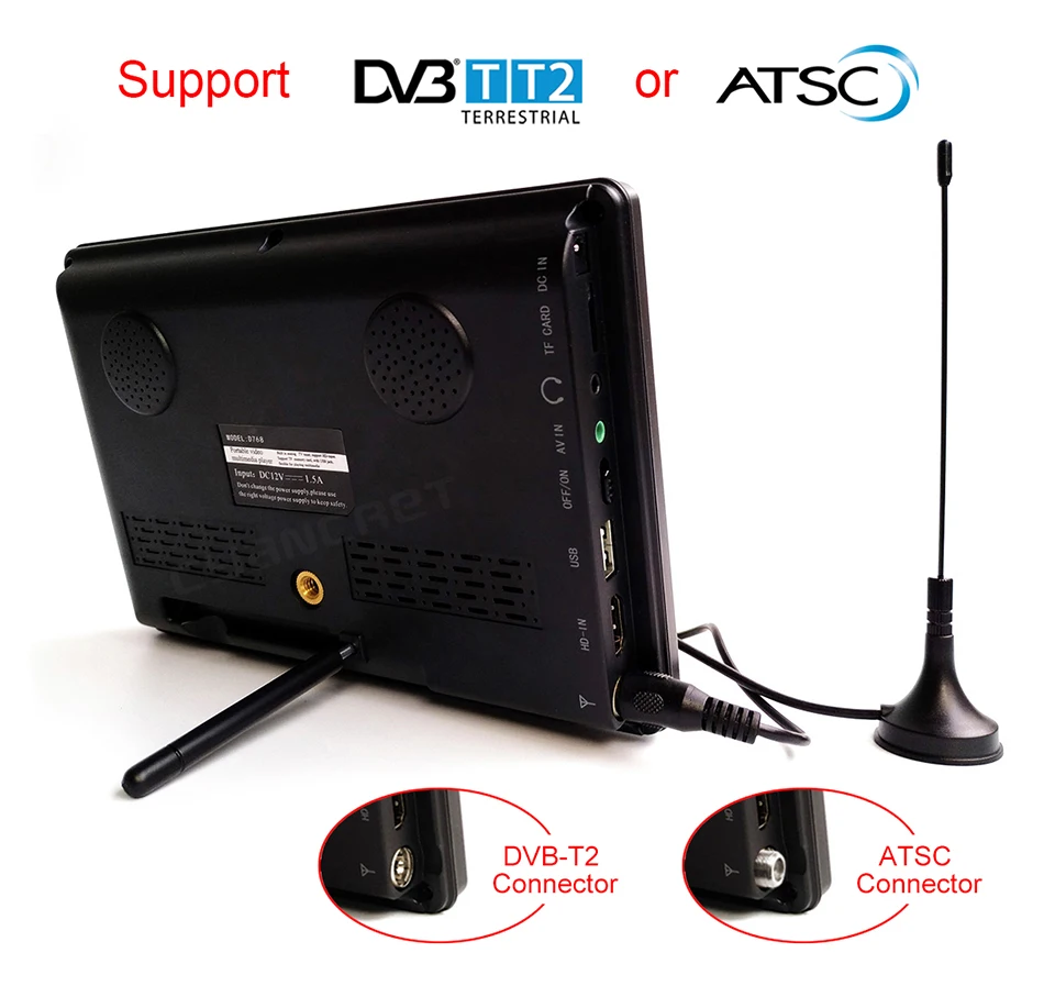 Телевизор D7 7-дюймовый портативный DVB-T2 ATSC TDT аналоговый с поддержкой USB TF MP4 H.265 AC3 -