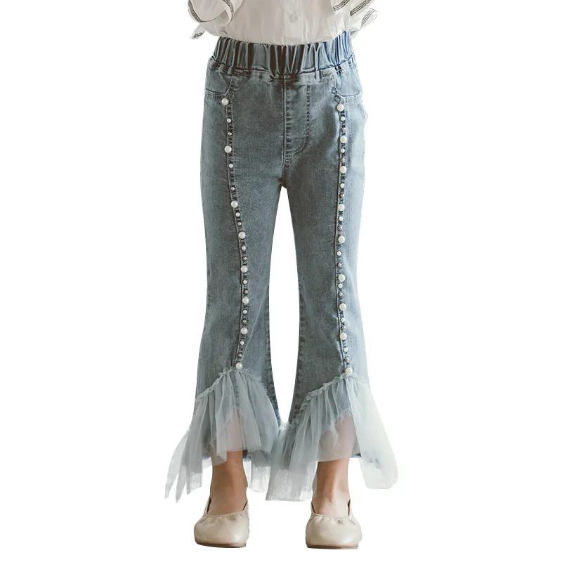 Новинка осени 2020 детская одежда модные сетчатые кружевные расклешенные джинсы с