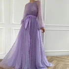 Роскошные короткие фиолетовые платья для выпускного с жемчугом тюлевые вечерние платья трапециевидной формы вечернее платье из атласа с длинным рукавом и поясом, вечерние платья для девочек