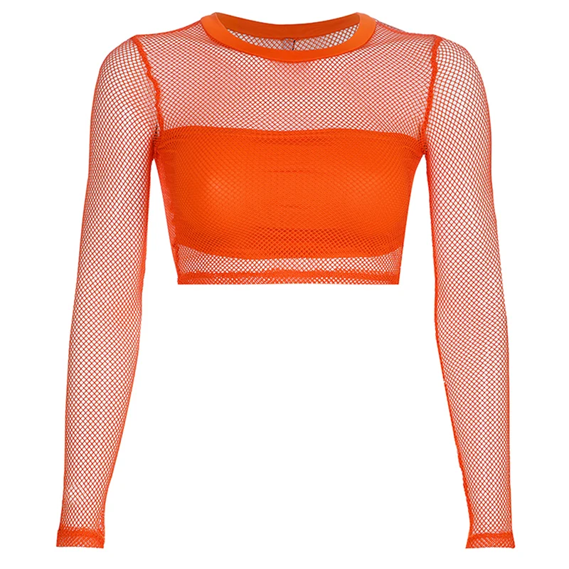 Женский укороченный топ из сетчатой ткани зеленый желтый оранжевый с длинным