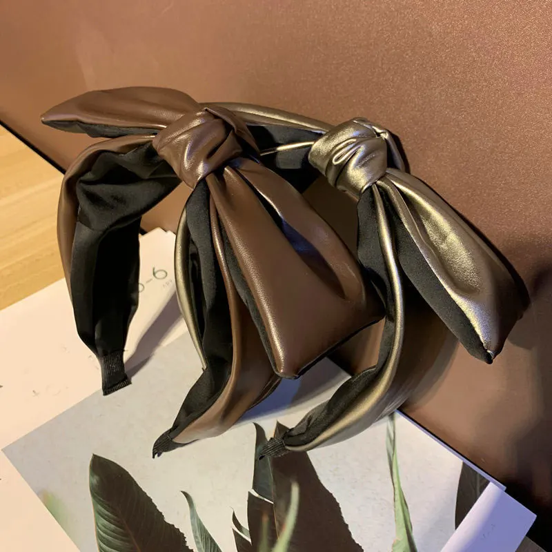 

Bowknot PU Leather Hair Hoop Women Headband Big Bow Wide side Non-slip Hair Accessories Hairband Top Knotted Head Hoop Headwear