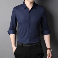 oimg stretch long sleeve shirt mens lapel collar business slim pure color seamless autumn shirt mulberry silk ice silk