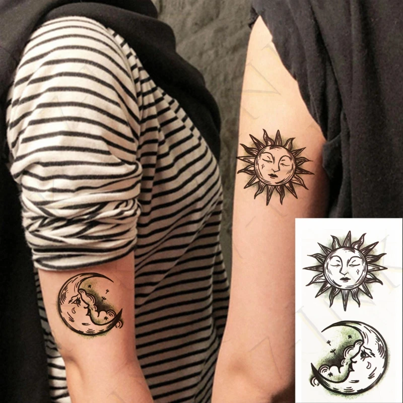 Водостойкая Временная тату наклейка солнце луна облако огонь флэш искусственная