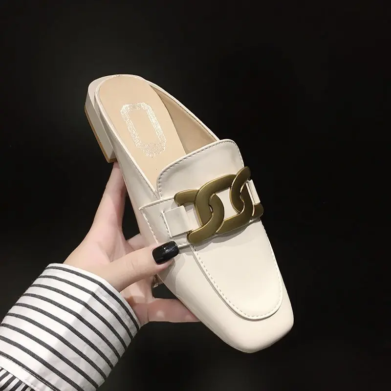 

Rivet Loafers Flat Shoes Female Woman's Slippers Mules Sexy Cover Toe Low Slides 2021 PU Basic Rubber Metal Decoration Fabric H