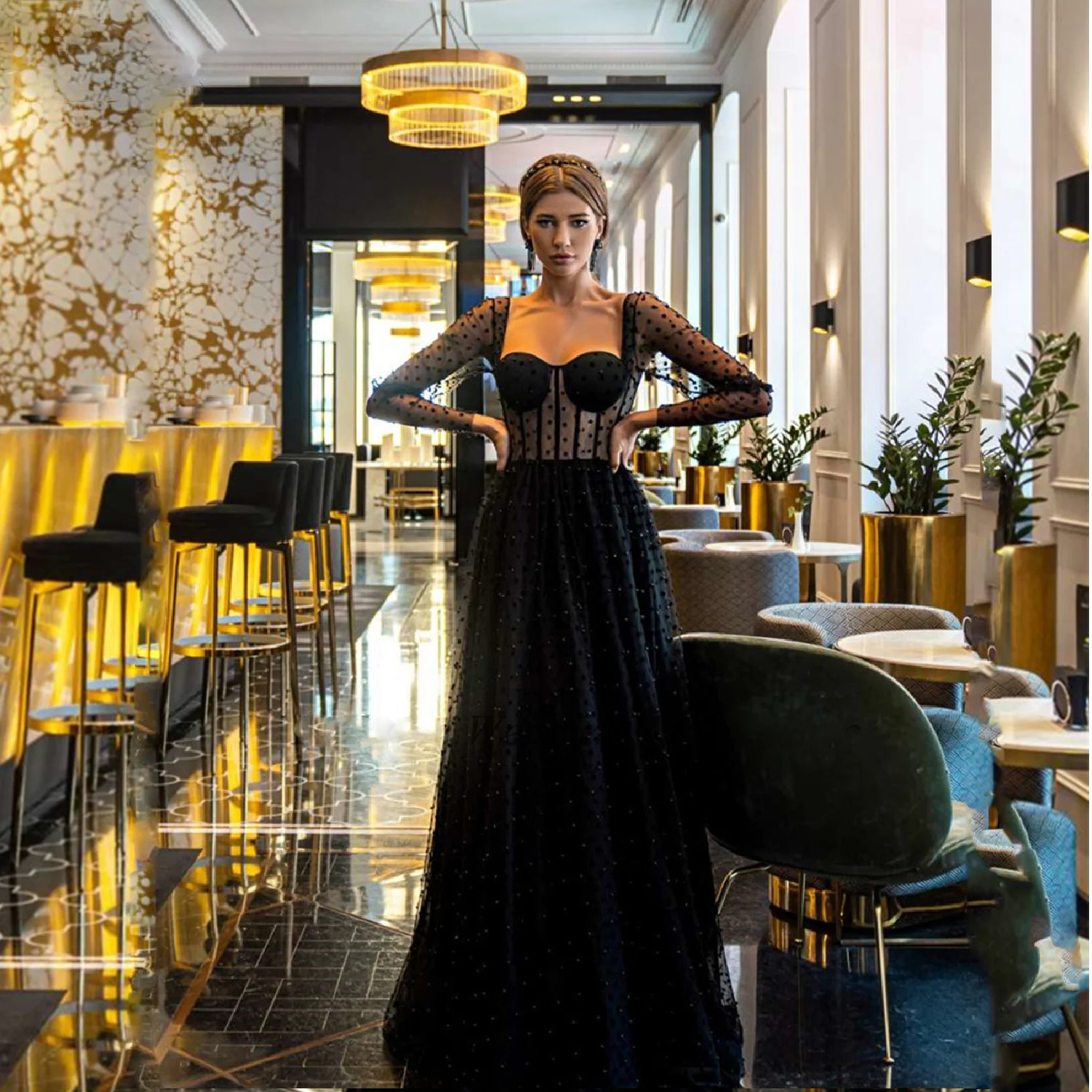 

Black Long Sleeve Evening Dress 2021 Square Collar Floor Length Formal Gown Gothic Cocktail Party Gown