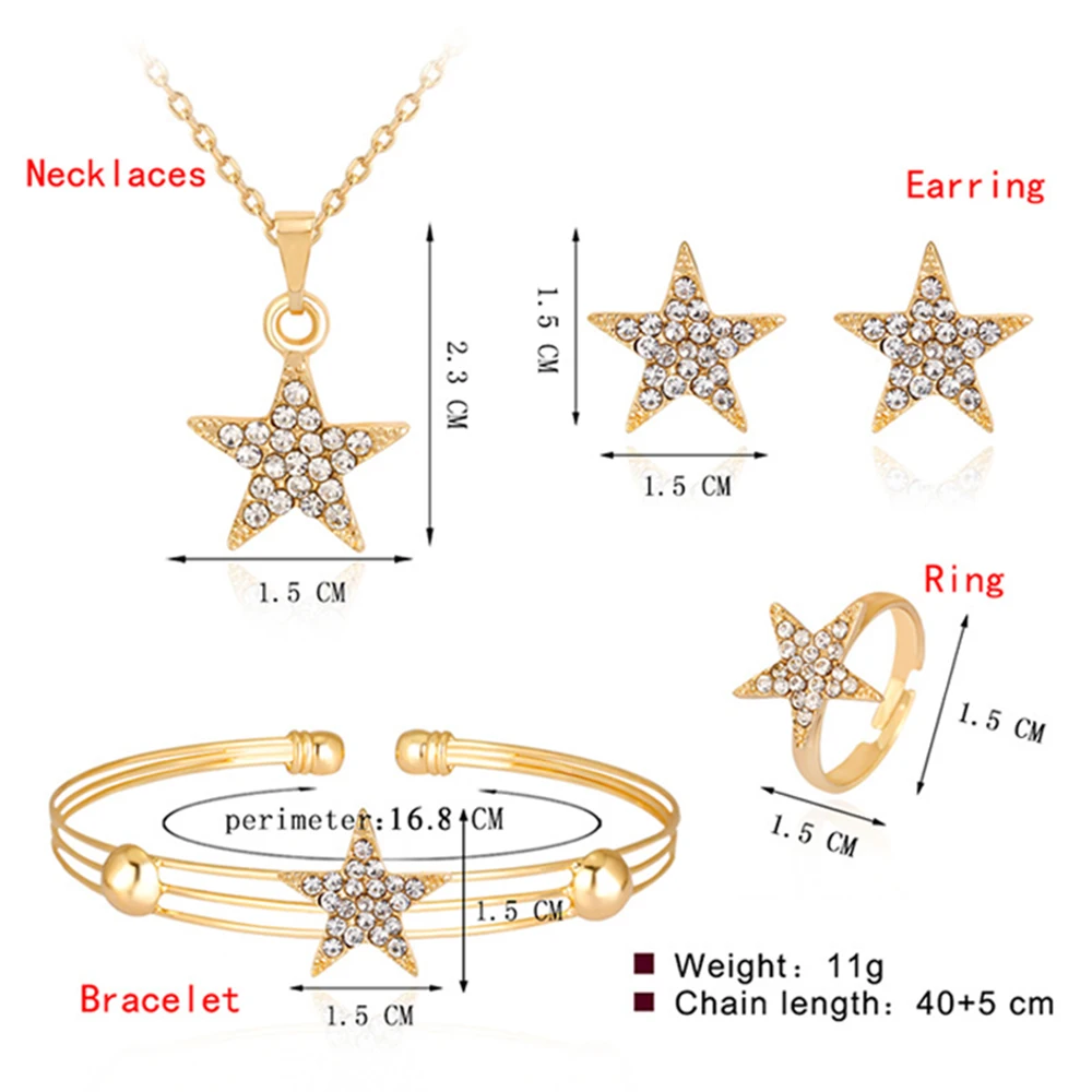 

5P 5-Pointed Star Alloy Rhinestone Four-Piece Set Golden Necklace Stud Ear Bracelet Ring Wedding For Women Fashion Jewelry Gifts