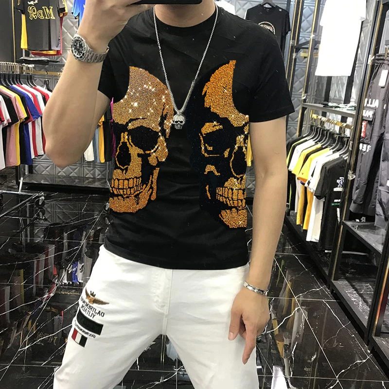 

Summer Tide Brand New Arrival High-Quality Skull Print Pattern Shiny Loose And Versatile Street Sweatshirt Increased