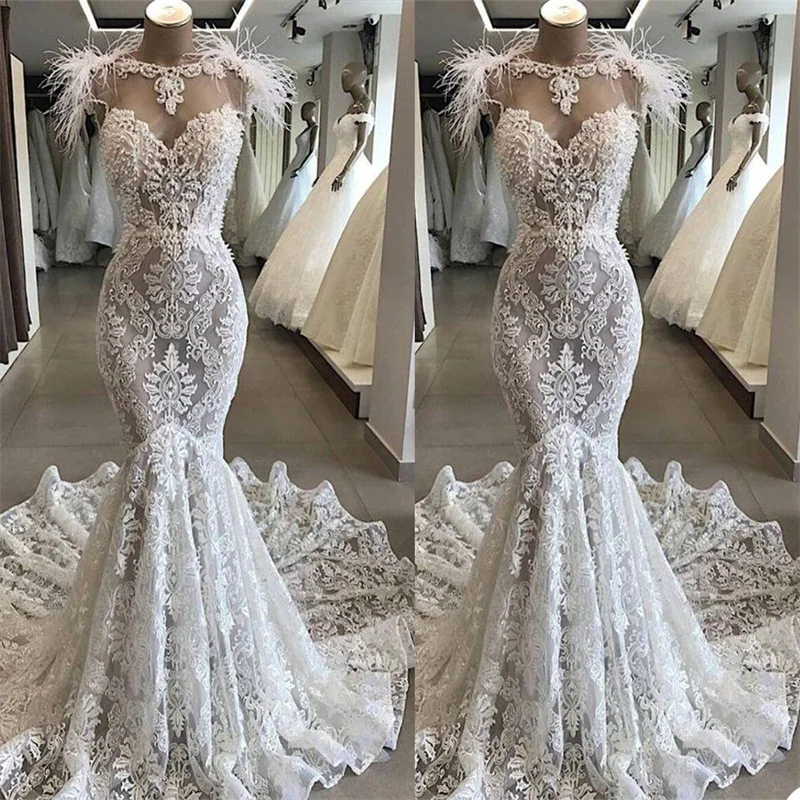 

Newest Mermaid Wedding Dresses Long Sleeves Appliqued Lace Beads Bridal Gowns African Arabic Custom Made Robes Robe De Mariée