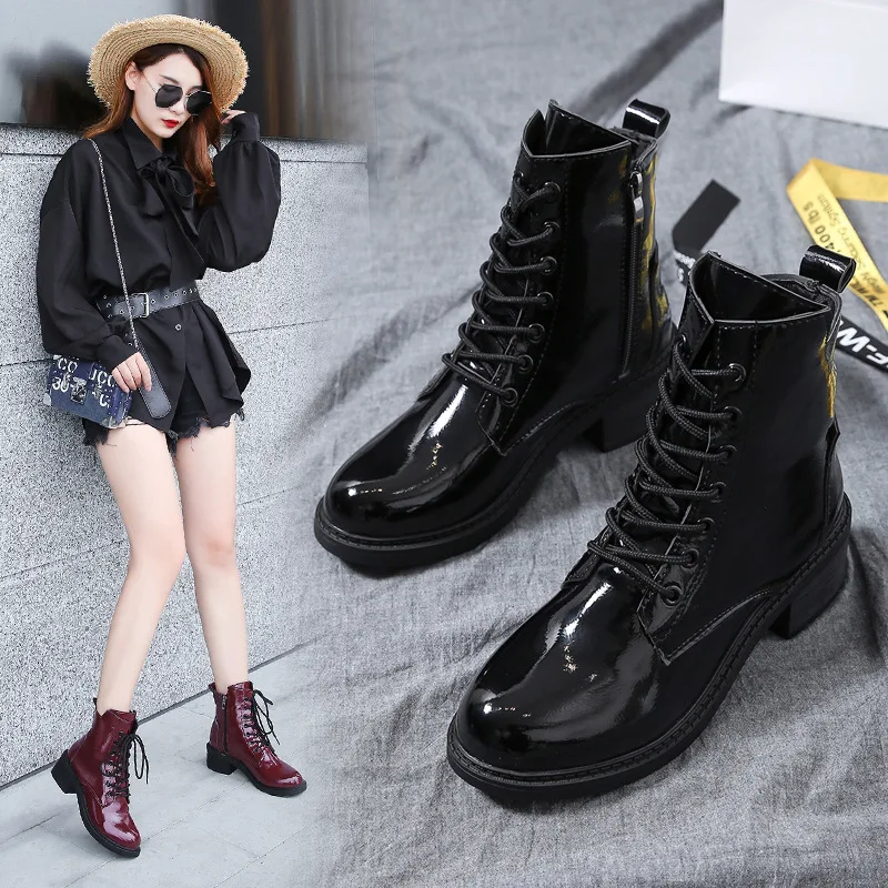 Женские ботильоны на платформе черные ботинки со шнуровкой и молнией высоком