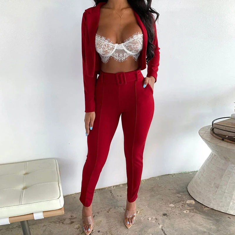 800-Winered Justchicc офисные комплекты куртка+ брюки костюм женский неоновый зеленый костюм женский короткий топ и брюки костюмы для женщин костюм блейзер набор Повседневный - Цвет: 800-Winered