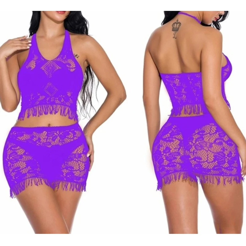 

Sexy Lingerie Set Female Flower Lace Perspective Temptation Sling Nightgown Clothing Sexy Lingerie Top+Mini Skirt Sleepwear