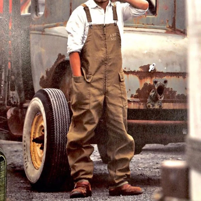 

New Fashion Bib Overalls Jumpsuits For Mens Vintage Big Pocket Cargo Pants Male Casual Loose Trousers Streetwear 3XL