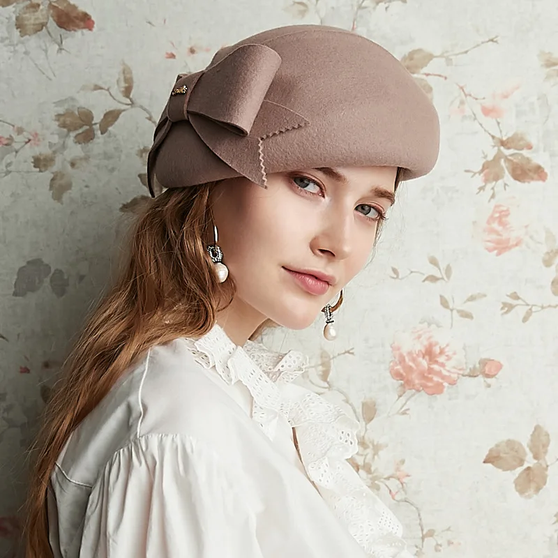 

X4032 British Fashion Fedora Hats Bow Decorate Wool Beret Hat Elegant Temperament Felt Hat Ladies Fashion Beret Caps