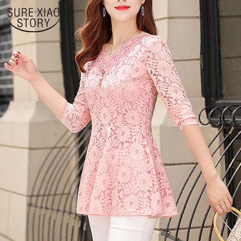 

Plus Size OL Style Sexy Floral Pullover 2021 Women Long Sleeve Lace Shirts Lace Women Tops and Blouses Camisas Mujer 6827 50