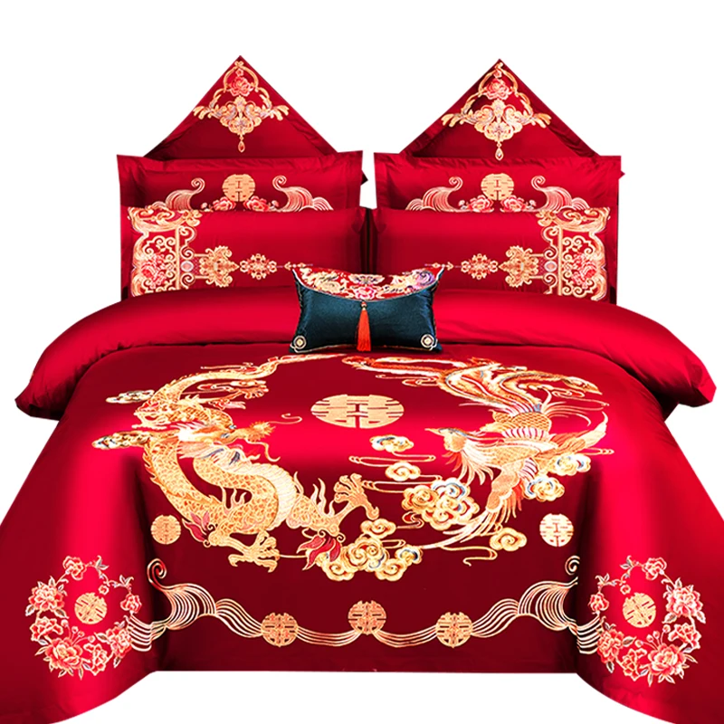 

Chinese Wedding Red Embroidery Home Bedding Set Dragon Phoenix Four Pieces Newlyweds C5