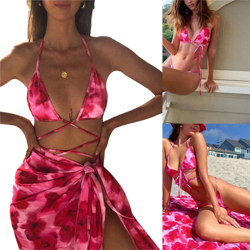 

Women 3Pcs Tie-dyed Bikini Set Split Style Deep V-neck Lace-up Bandage Halter Tops Thong Briefs Beach Scarf Women Fashion Bikini