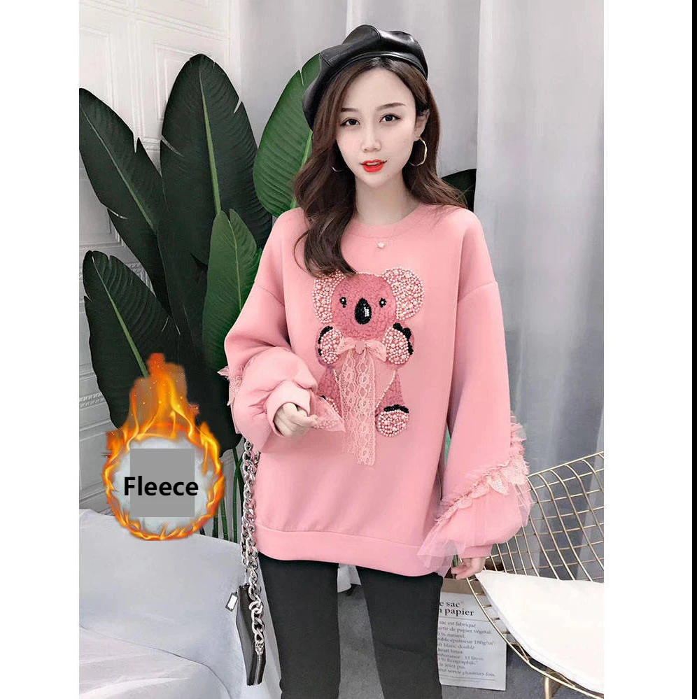 

Women Knitted Sweater Pullover Cartoon Oneck Pearls Beading Sweaters Fleece Plus Size Jumper Long Sleeve Kawaii Loose Pull Femme