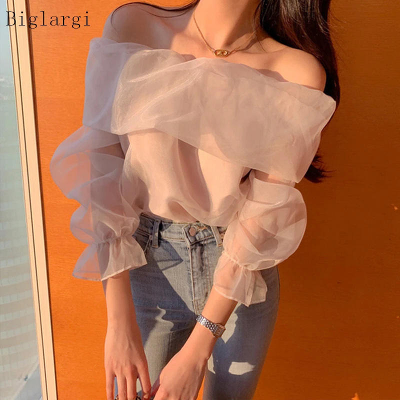 

Off Shouder Top Women Mesh Blouse Korean Style Long Sleeve Woman Blouses Fashion Ladies Tops 2022 Blusas Mujer