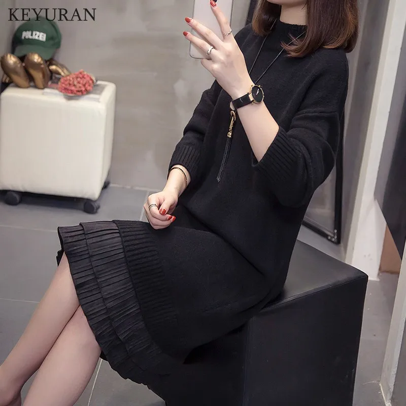 Plus Size Women Turtleneck Knitted Dress New Autumn Winter Loose Patchwork Long Sweater Dresses Female Solid Pullover Vestidos | Женская