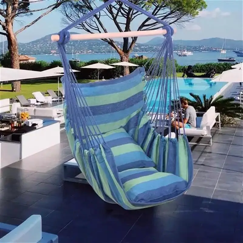 

US Free Shipping Pillows Distinctive Cotton Canvas Hanging Rope Chair With Pillows Blue Swing Swinging Furniture Hammock