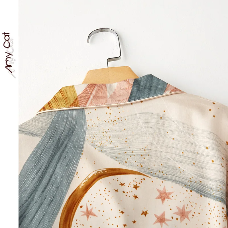 2020 Весна Новые атласная с принтом пижамный комплект из двух предметов длинными