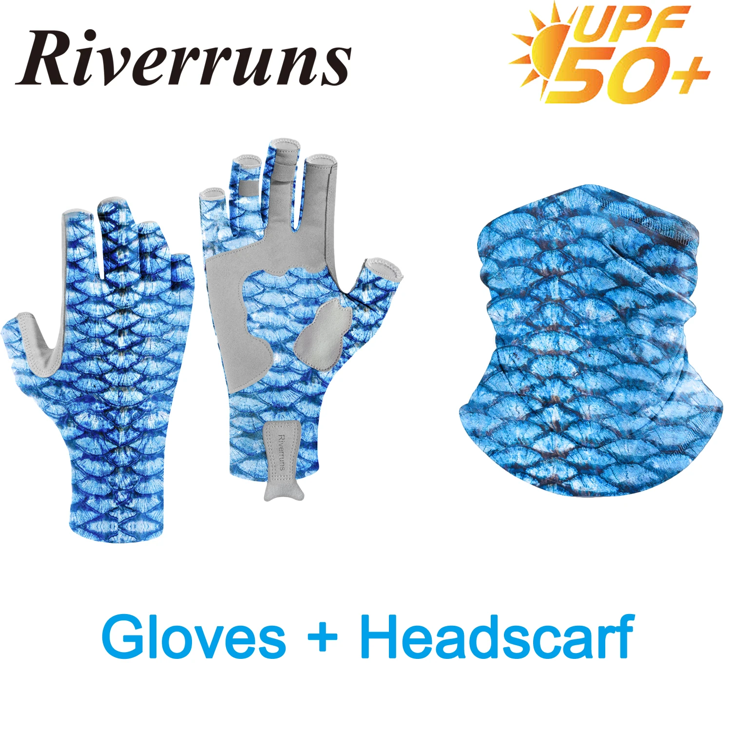 

F Riverruns UPF50+ Sun Protection Fingerless Fishing Gloves and Headscarves for Men and Women Fishing, Boating, kayaking, Hiking