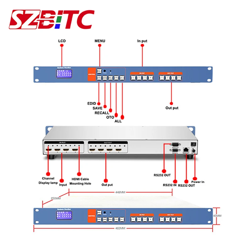 SZBITC UHD HDMI матрица 4X4 4k/2K коммутатор 4 в выхода 3D EDID видео дисплей Авто RS232 ИК пульт