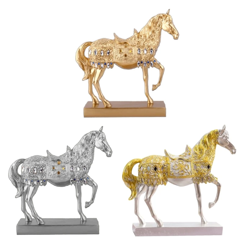 

Modern Horse Statue Sculpture with Diamond Rhinestone Resin Crafts Ornament Vintage Animal Figurine Home Office Decor